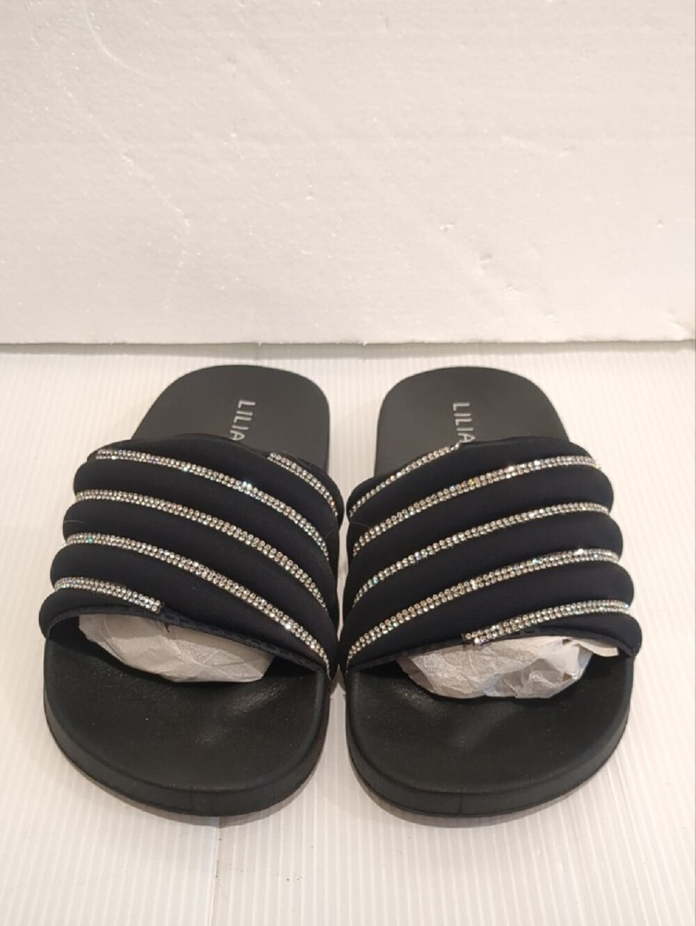Black Slide Sandals with Silver Rhinestone Straps